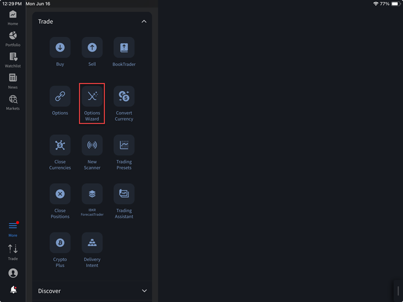The options wizard button on the iPad
